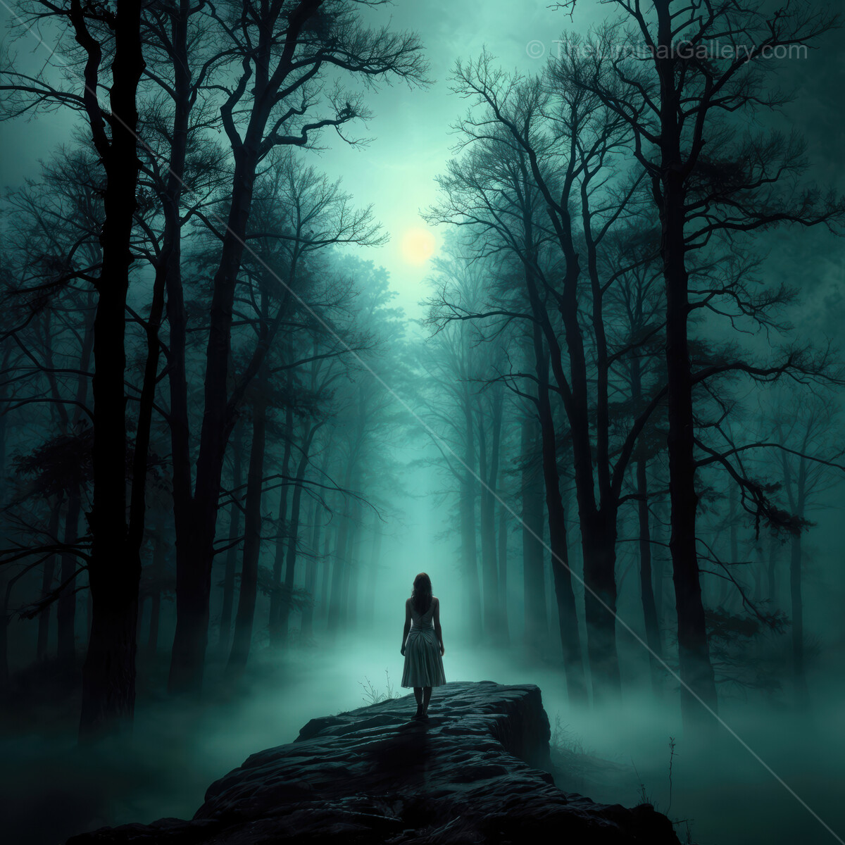 In an eerie forest, a lone woman wanders through liminal ghostly fog under the haunting moonlight