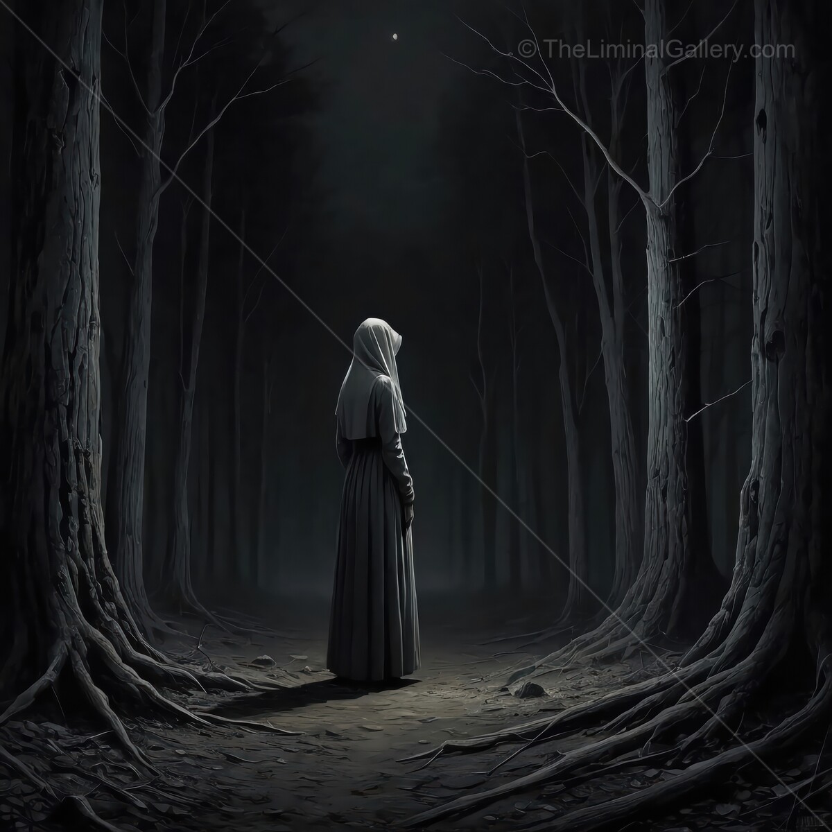 Lonely woman in a dark forest under a starry sky evokes mystery and contemplation at twilight