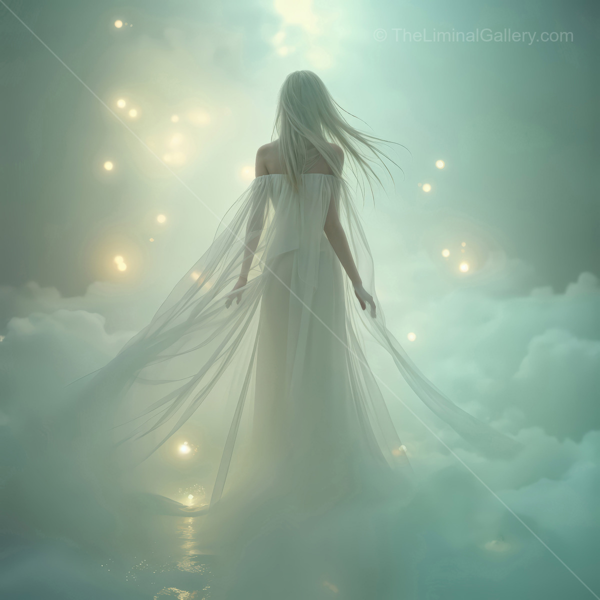 Woman moves through low fog dotted with glowing orbs, long hair and dress illuminated by their hush