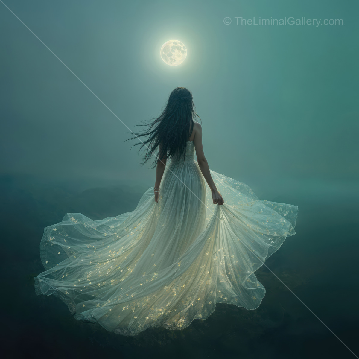Woman in a shimmering gown walks beneath a low moon through fog, long hair trailing the light
