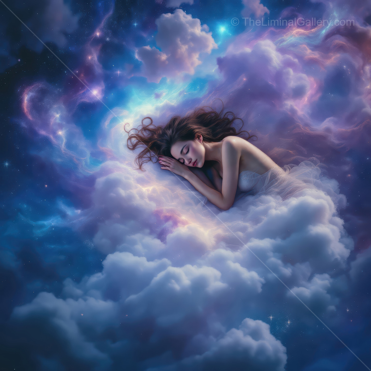 Woman reclines inside luminous clouds under a faint star field, twilight color bathing her hair