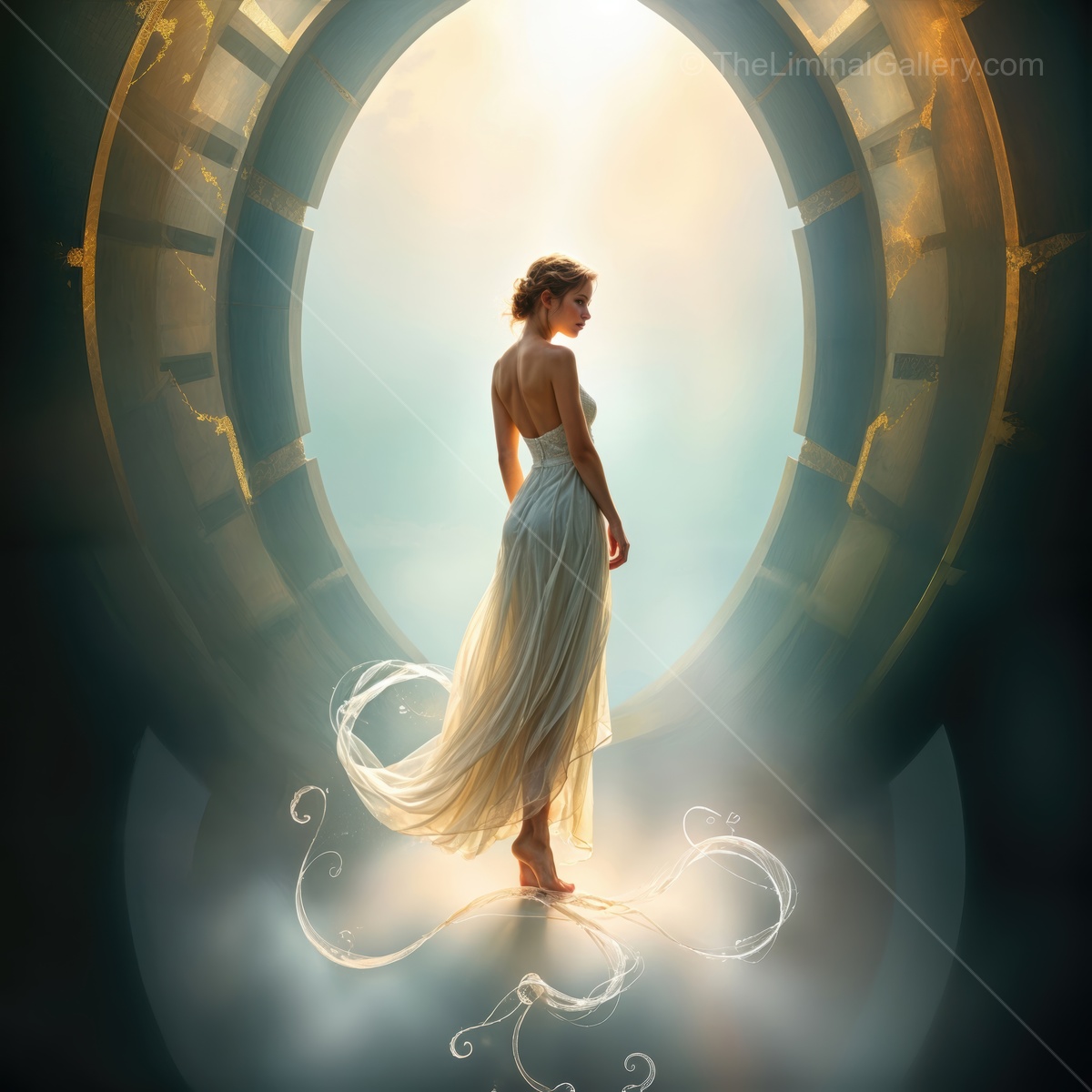 Woman in flowing gown stands gracefully in a luminous portal surrounded by ethereal light at dawn