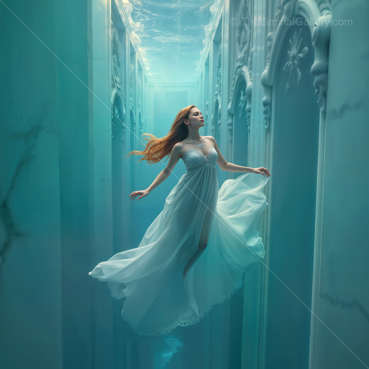 Majestic woman gracefully floats in ethereal underwater corridor of a liminal marble palace