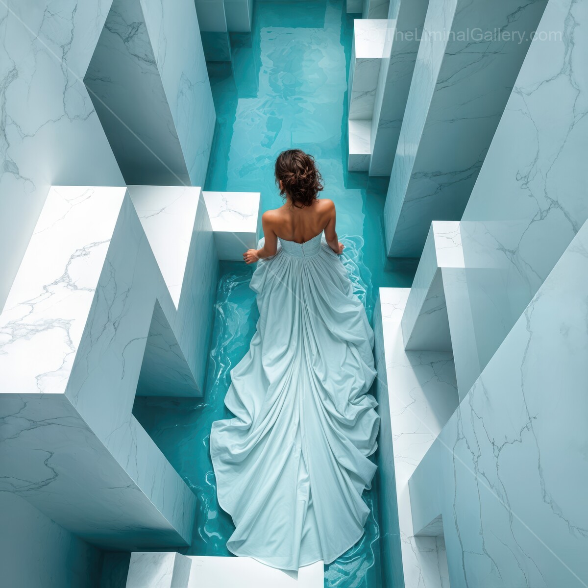 Elegant woman gliding through a serene turquoise pathway in a modern architectural space