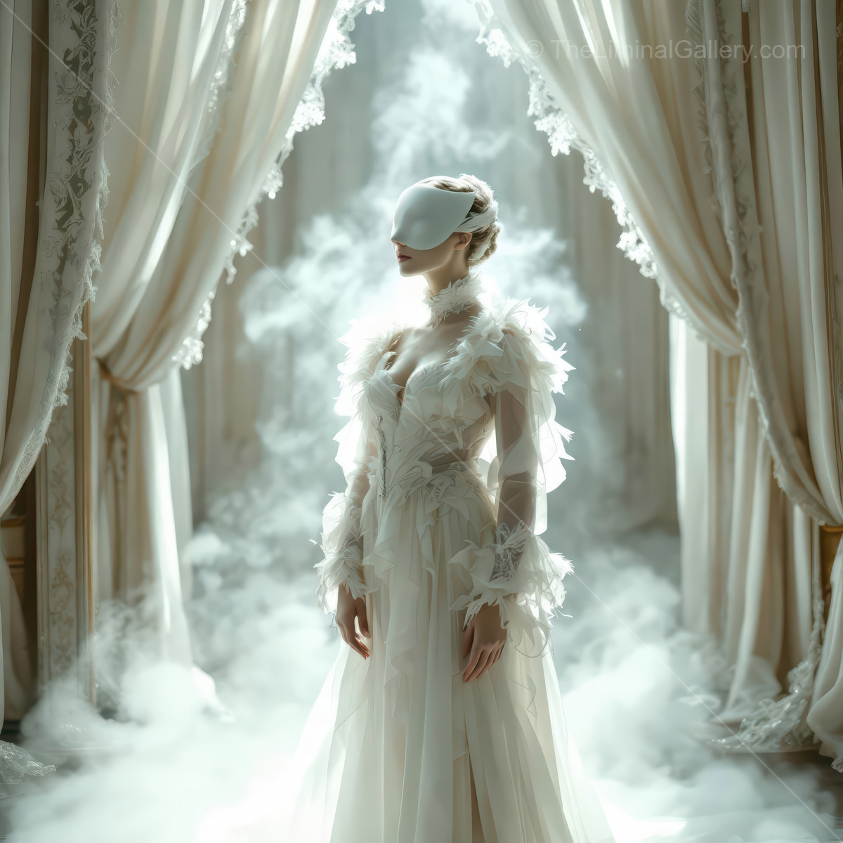 Masked woman in a feathered gown stands among draped fabrics as pale mist curls through soft window light