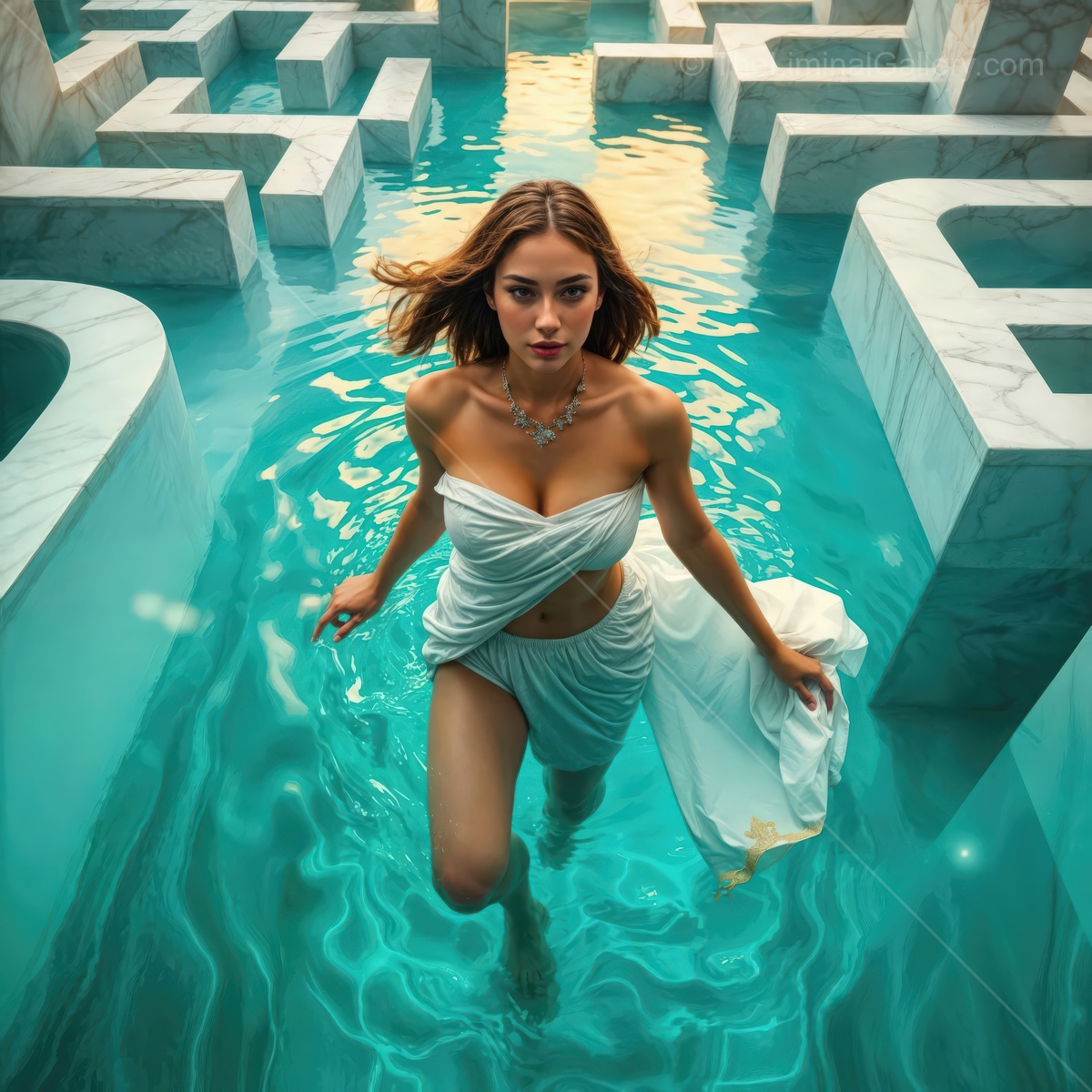 Enchanting woman navigates a surreal maze-like pool in ethereal elegance during golden hour