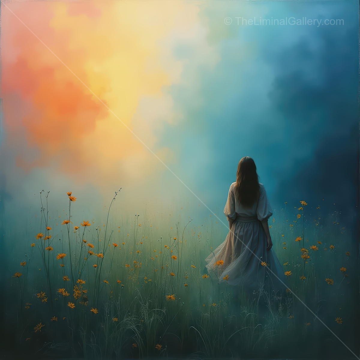 Woman in a meadow of wildflowers at dusk faces a blue-orange horizon, dress trailing through stems