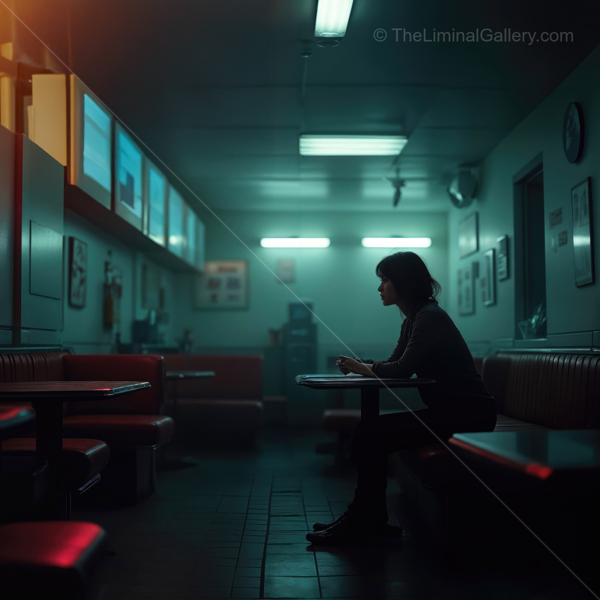 Woman sits alone at a cafeteria table under red neon glow with empty booths and framed prints behind her as midnight shadows pool on the floor