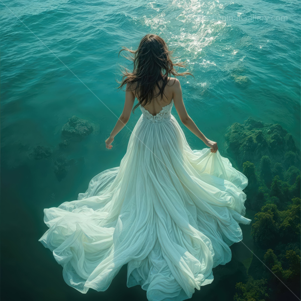 Woman in a white gown stands mid-water at dawn, sun glittering across the surface around her