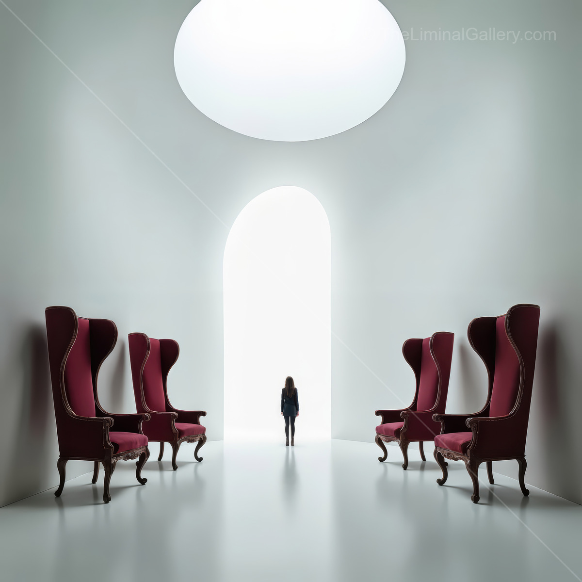 Woman pauses at a bright arch in a minimalist hall dotted with oversized red armchairs, skylight glow pooling on the floor