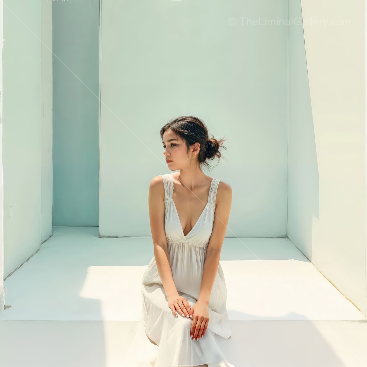 Woman sits in a minimal white space with clean lines, sunlight drawing soft shadow bands across her