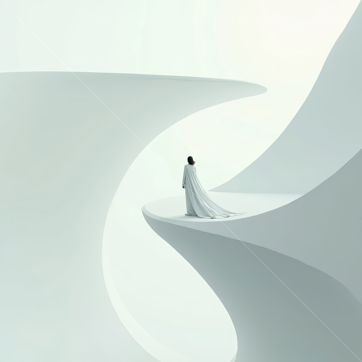 Ethereal figure draped in white stands on a minimalist landscape of flowing forms under soft, diffused light