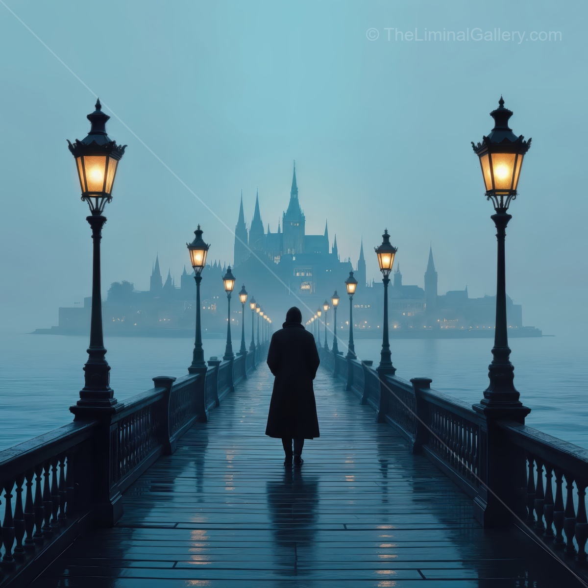 Mysterious silhouette walks along a misty bridge towards a glowing castle at twilight