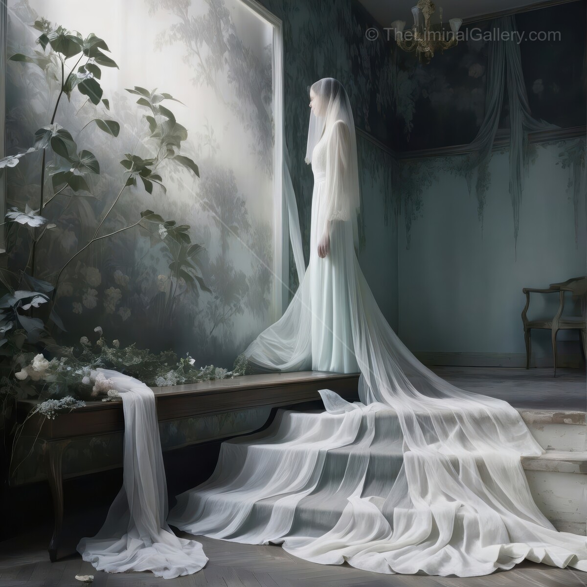 Ethereal figure in flowing gown gazes out of a misty window in a hauntingly beautiful abandoned space