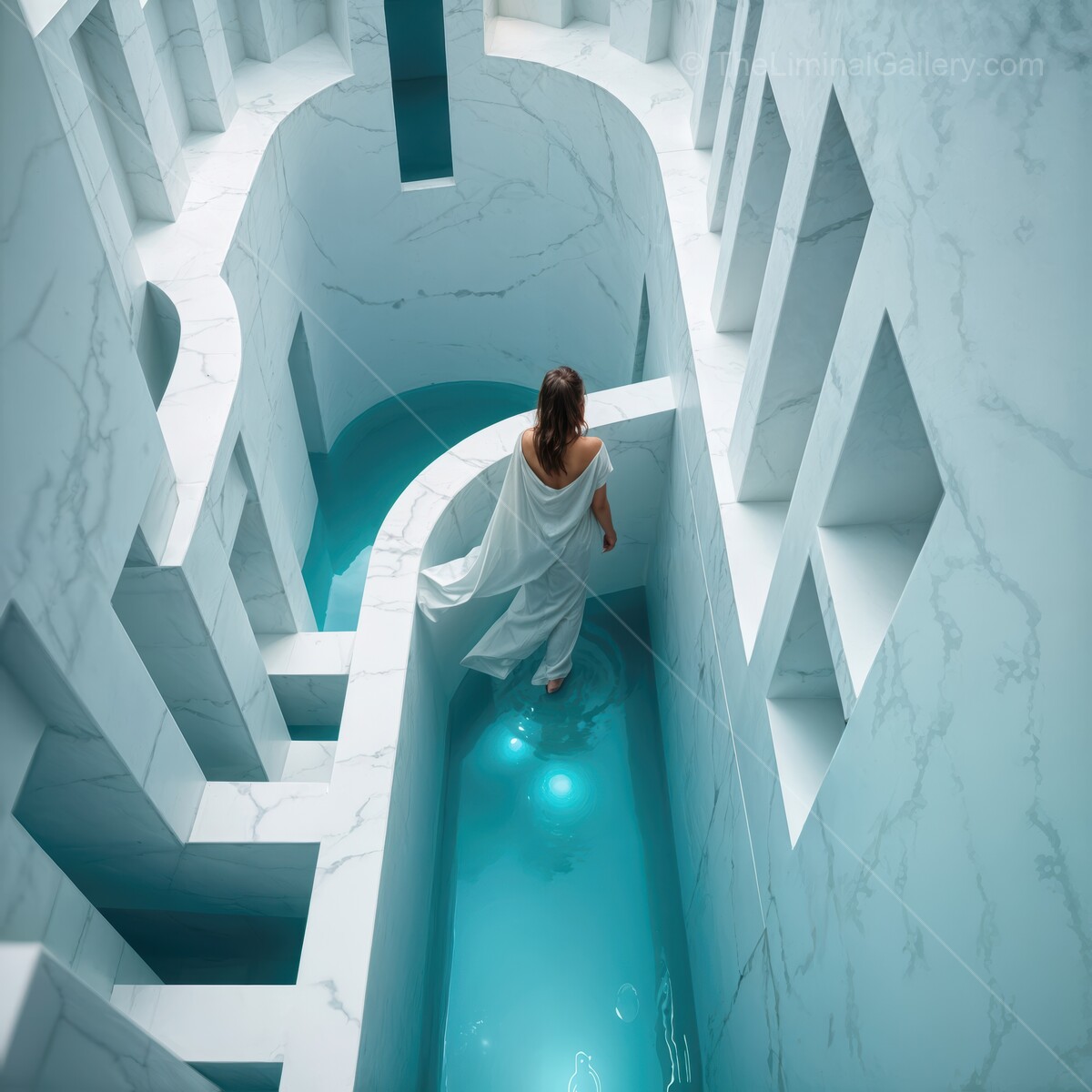 Serene woman walking through a stunning modern architecture with turquoise water at twilight