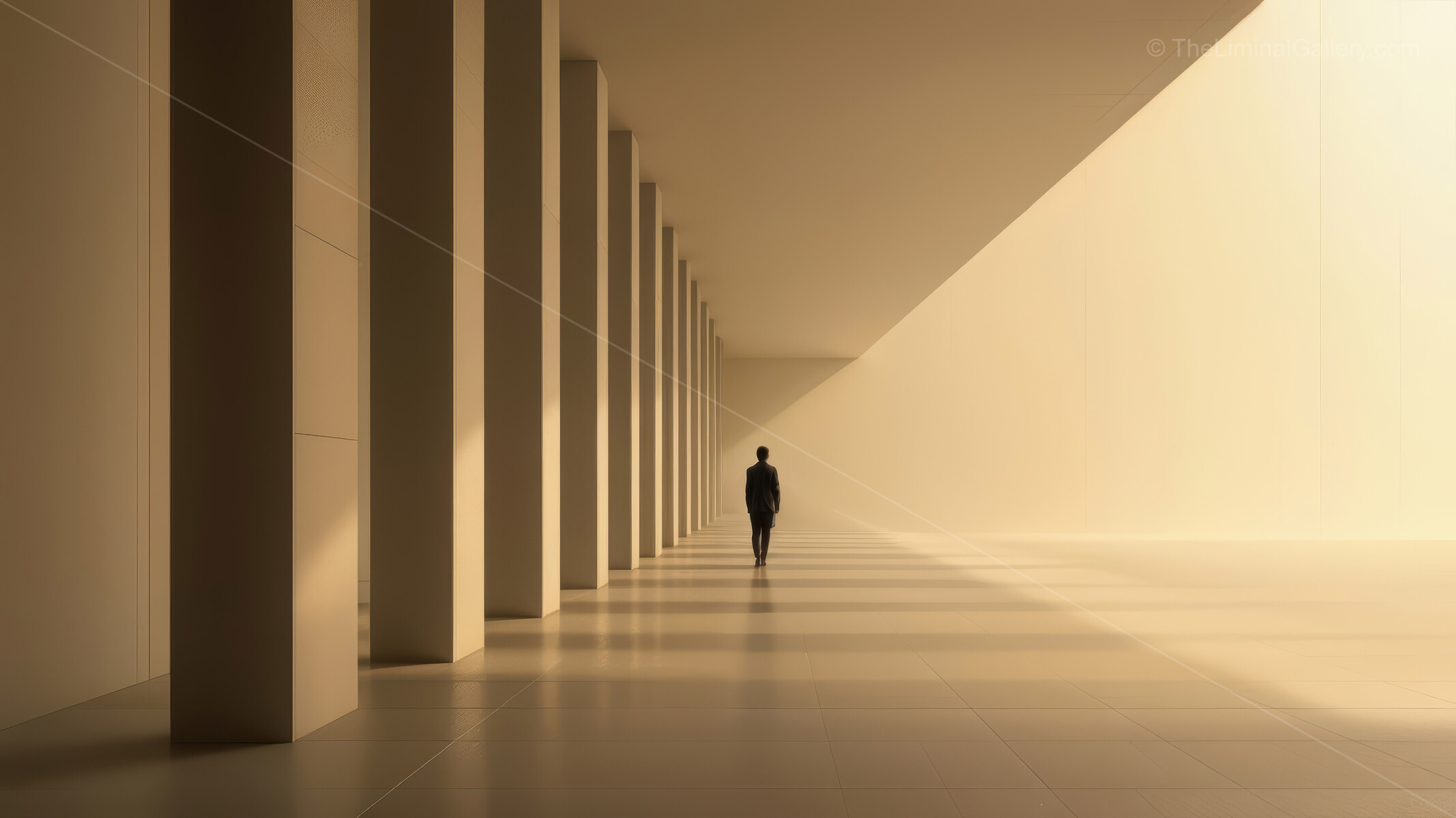 Walking through an expanse of light and shadow in a modern architectural space at dusk