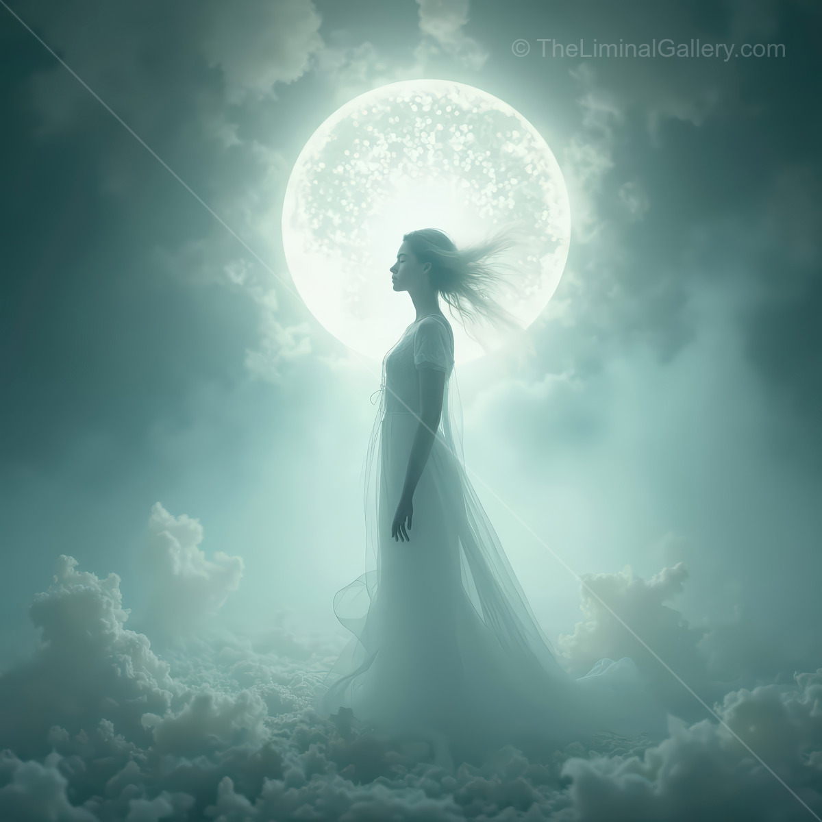 Silhouetted woman in a translucent gown stands in moonlit mist, full moon bright behind layered cloud