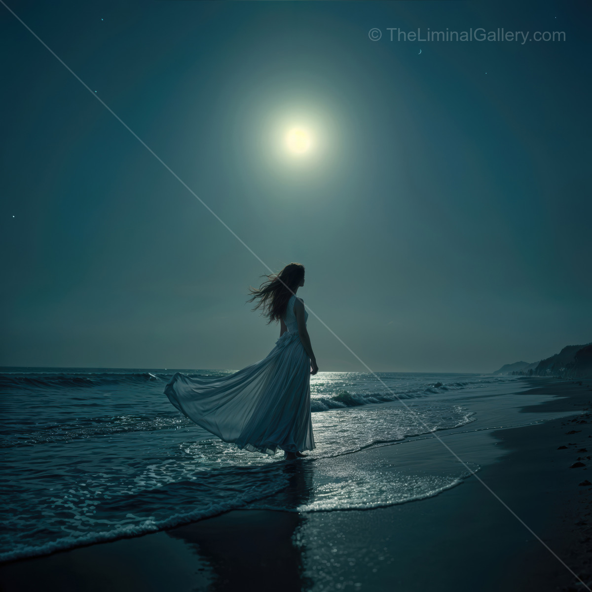 Woman stands at a moonlit shoreline in a white dress, small waves brightening the sand around her feet