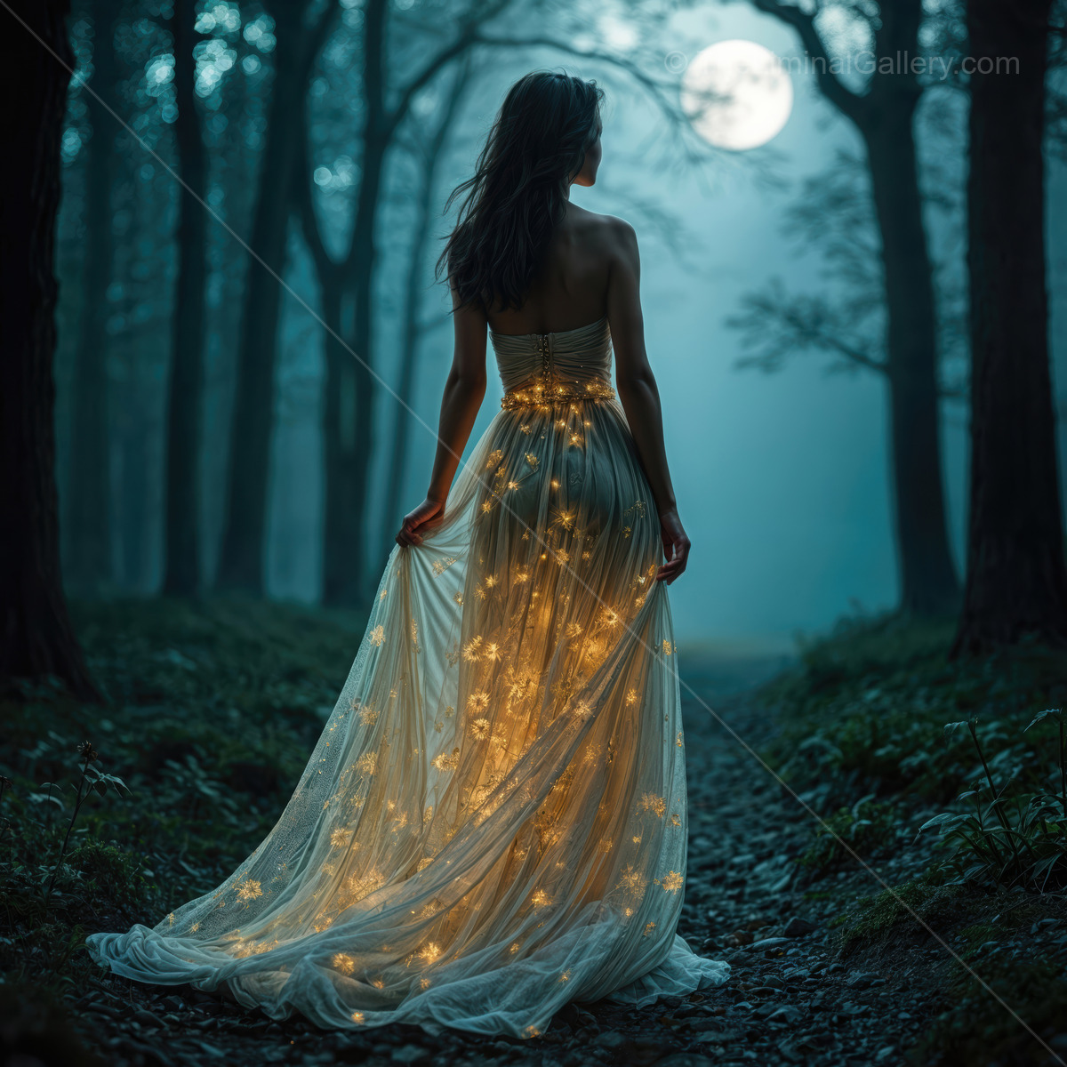 Woman in a glowing gown stands in moonlit woods, tiny lights freckling her dress as mist settles