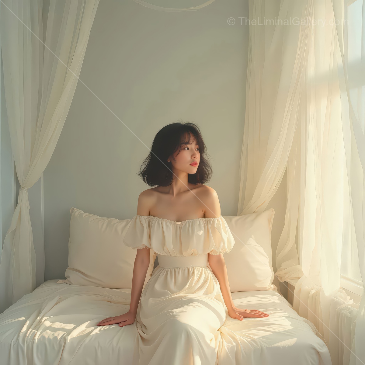 Woman in white sits on a plush bed as morning light filters through sheer curtains across a simple room