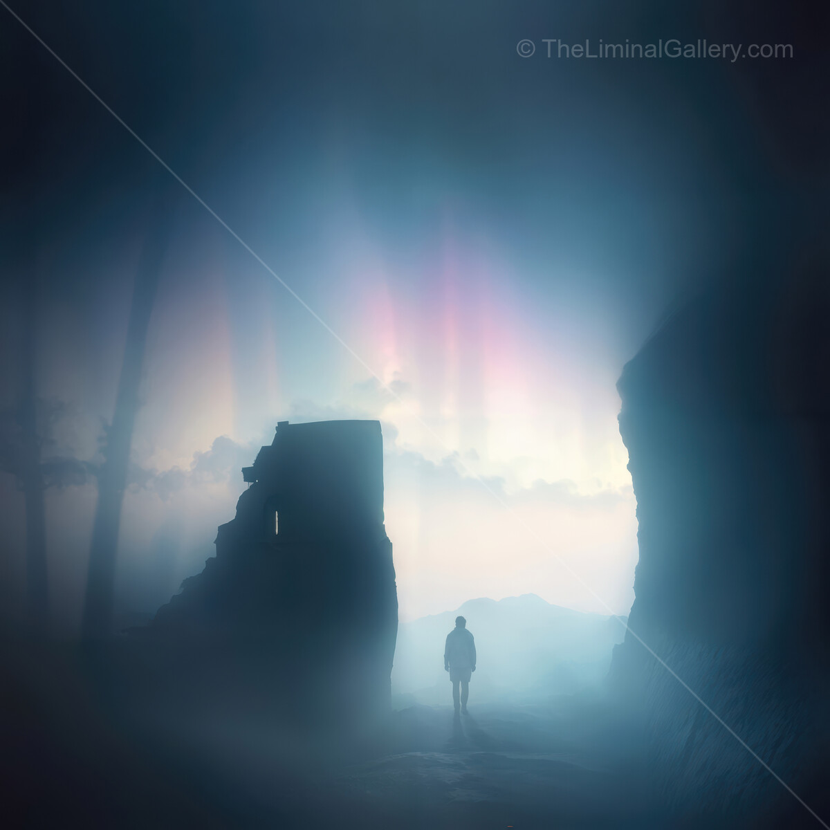 Mysterious figure wanders through ancient ruins under a mesmerizing aurora display at dusk