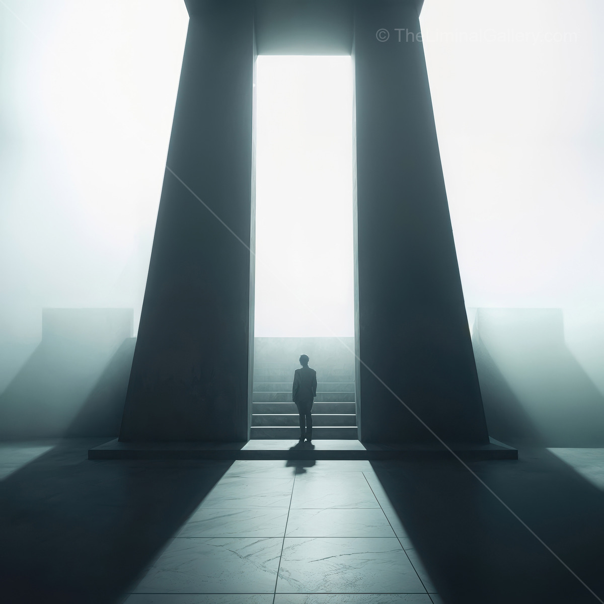Mysterious man standing before an ethereal threshold in a fog-drenched space