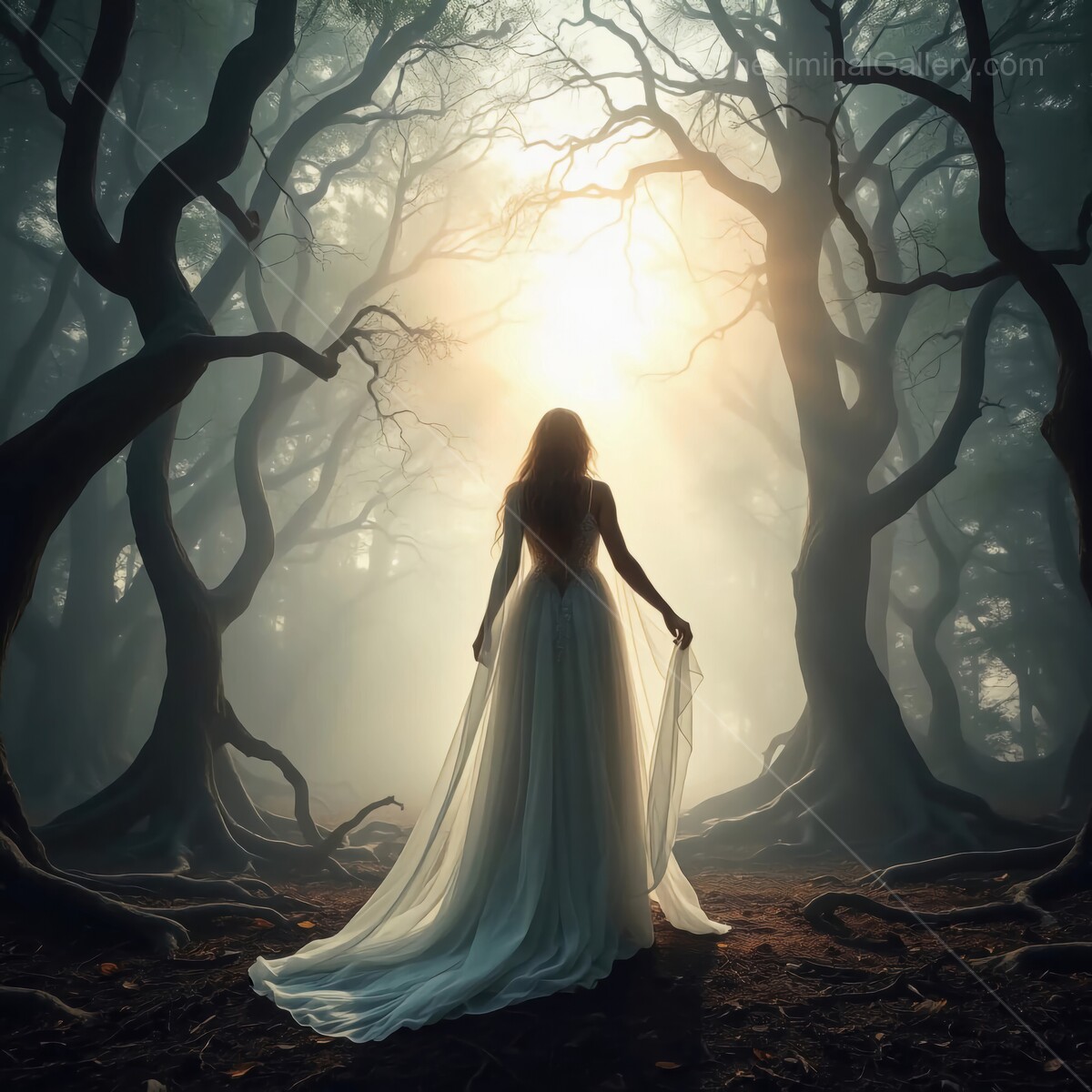 Mysterious figure in a flowing gown surrounded by ancient liminal trees at dawn