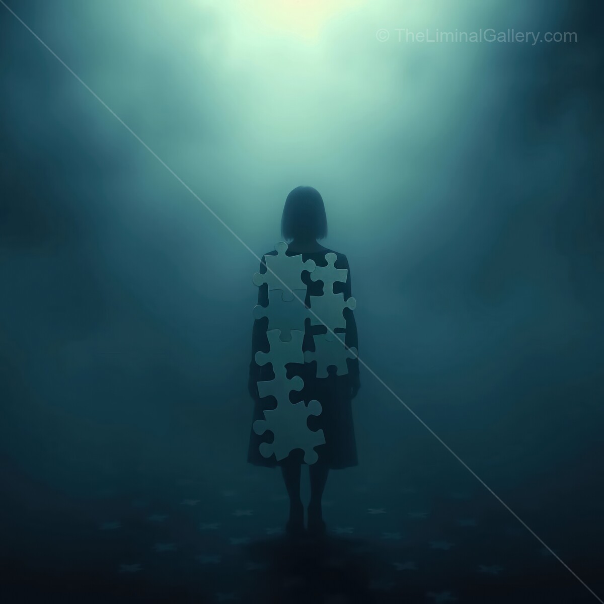 Mysterious figure with a puzzle piece silhouette amidst a foggy landscape at twilight
