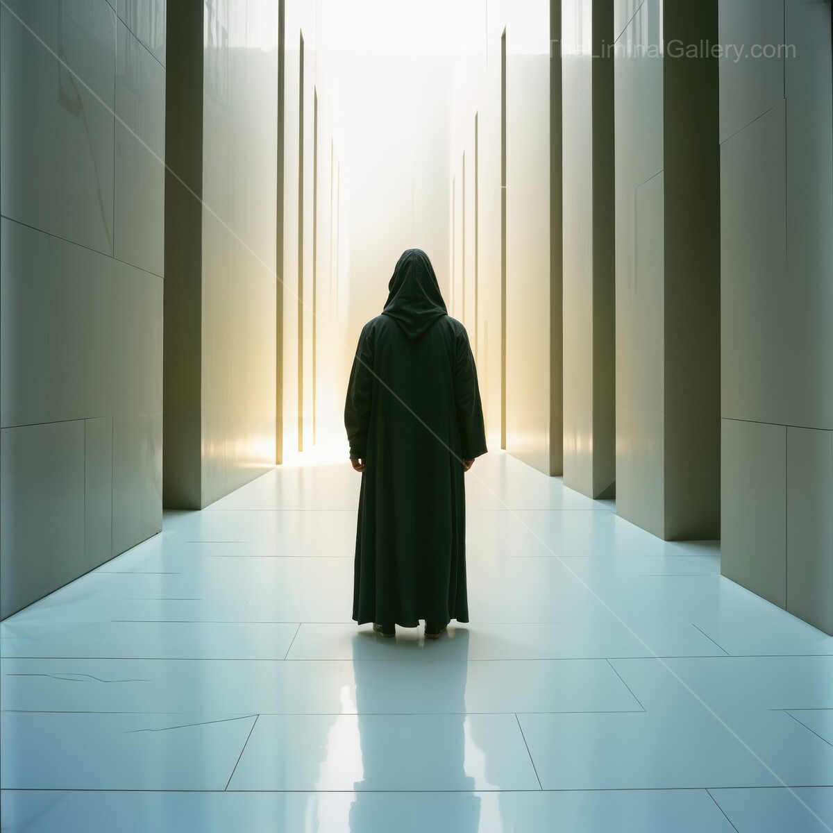 Mysterious figure stands in a light-filled corridor, shrouded in shadows and anticipation, evoking a sense of wonder
