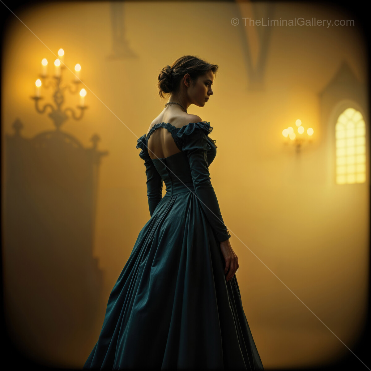 Mysterious figure in an ornate gown standing in a dimly lit castle hall during an enchanting evening