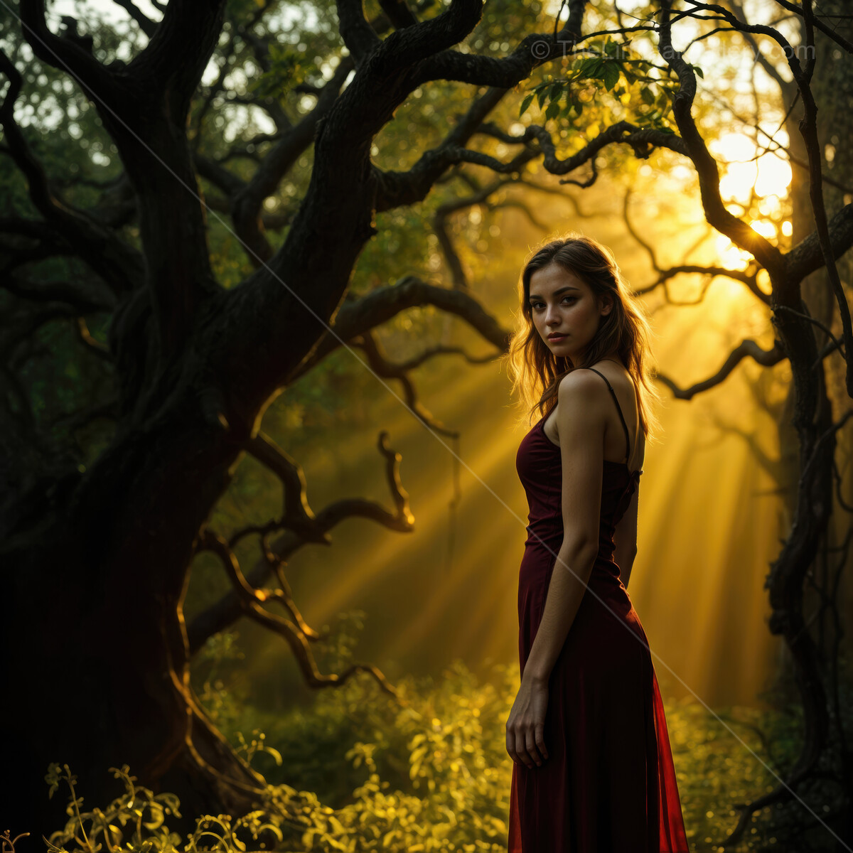 Mysterious figure in red dress stands amidst illuminated trees at twilight