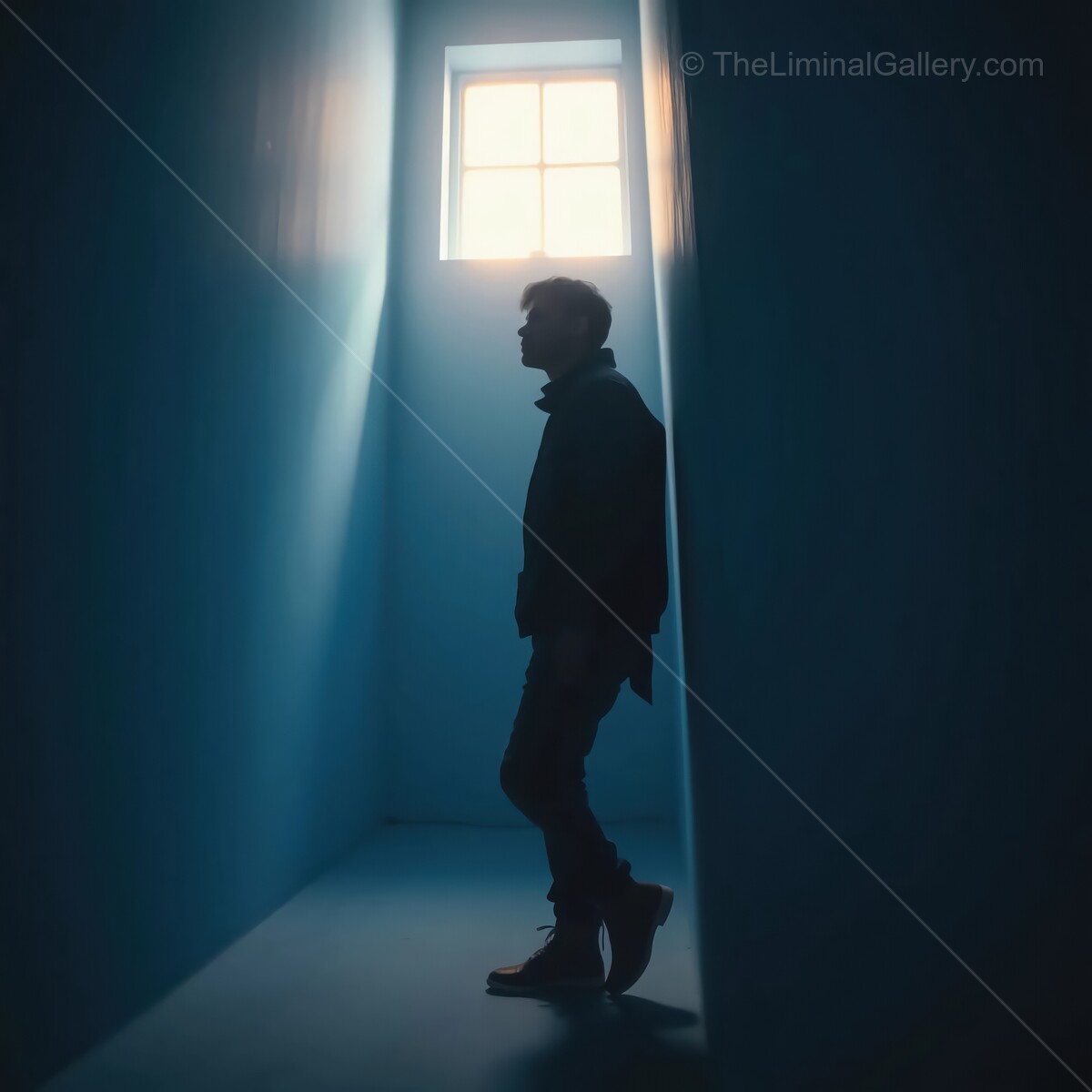 Mysterious light filtering through a liminal narrow corridor at twilight reveals a solitary figure in deep contemplation
