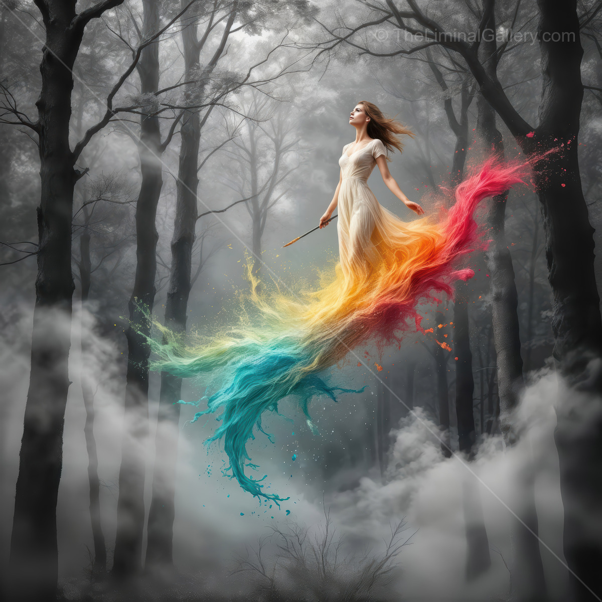 Enchanting forest scene with a magical woman wielding a color stream in a mystical landscape