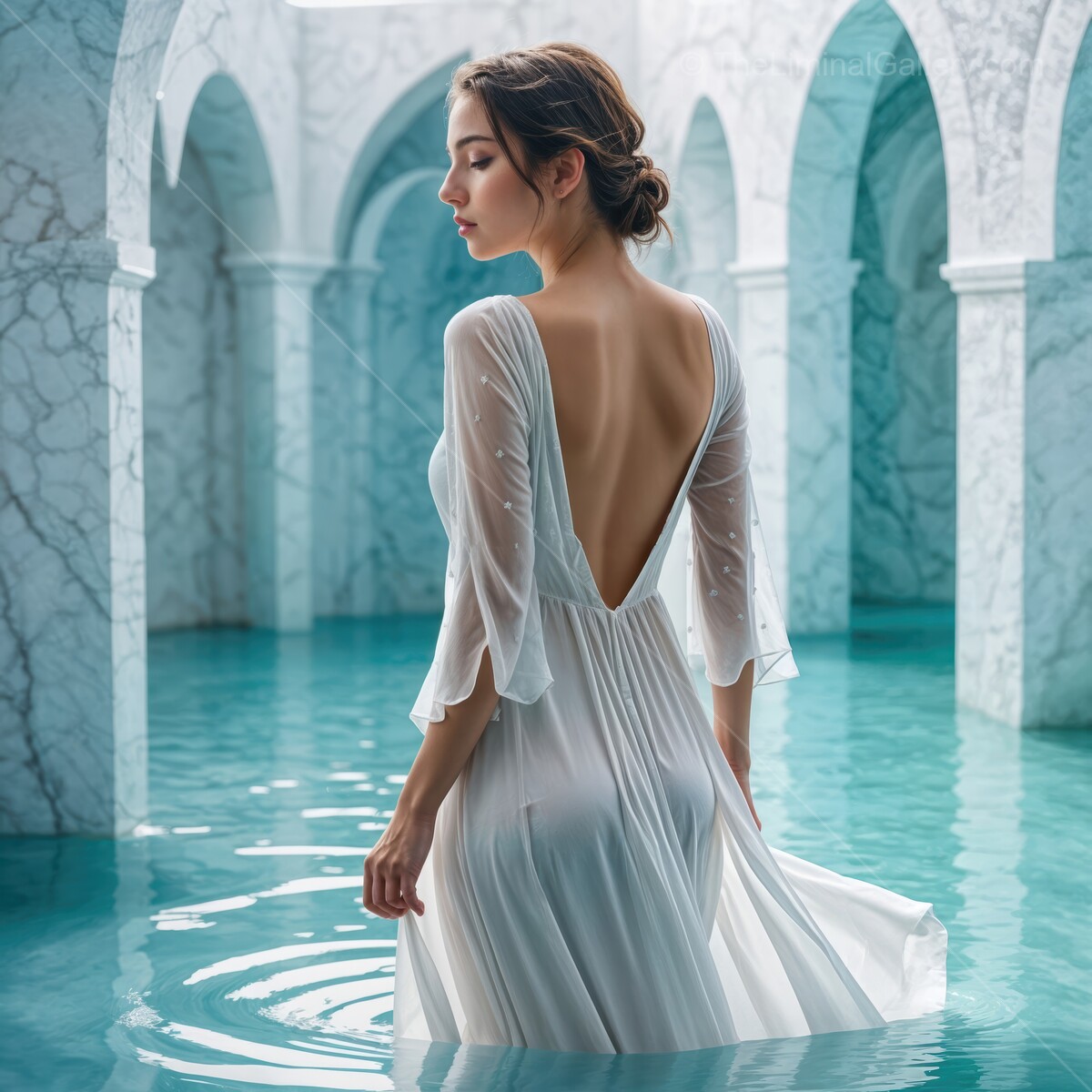 Mystical elegance of a woman in a flowing white dress amidst tranquil turquoise waters and stunning liminal architecture