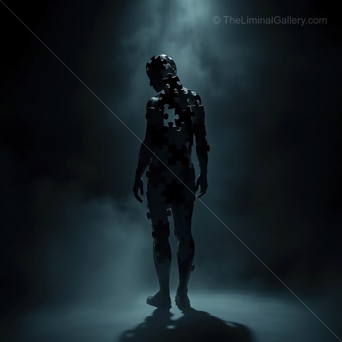 Mysterious man emerges from darkness, revealing a mosaic of fragmented pieces in an ethereal atmosphere