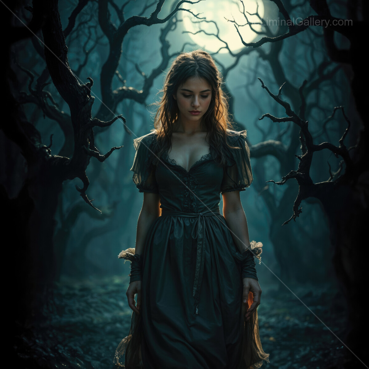Mystical figure wanders through an enchanted forest under a moonlit glow