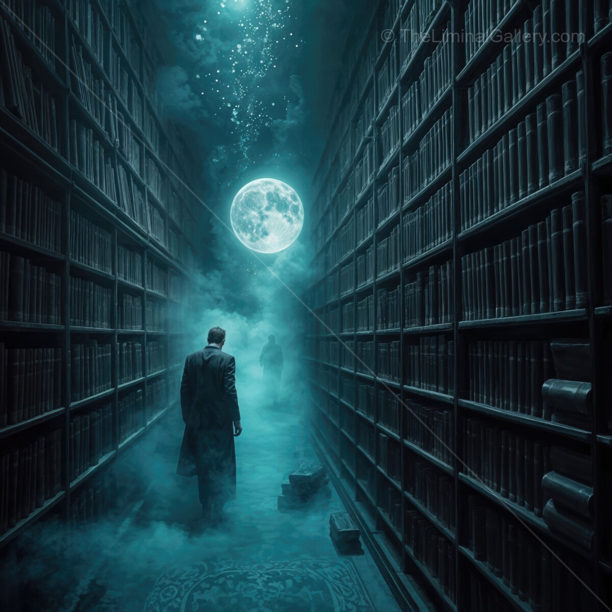 Mystical journey through a foggy library under a glowing moonlit sky