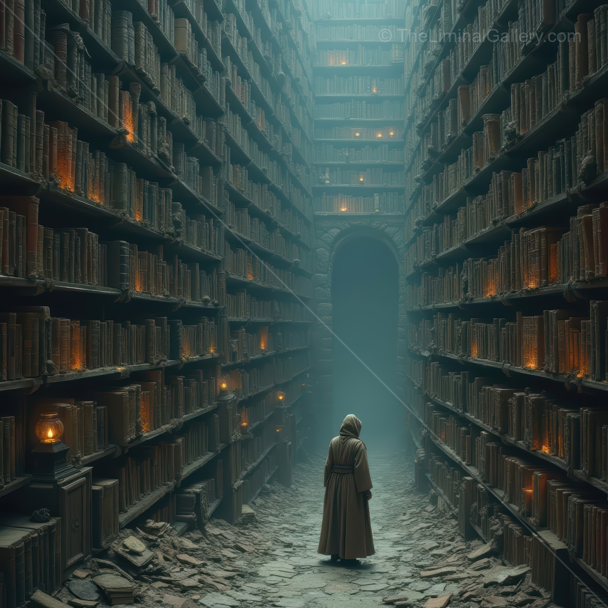 Exploring a vast, mystical library illuminated by soft candlelight in a serene, timeless atmosphere