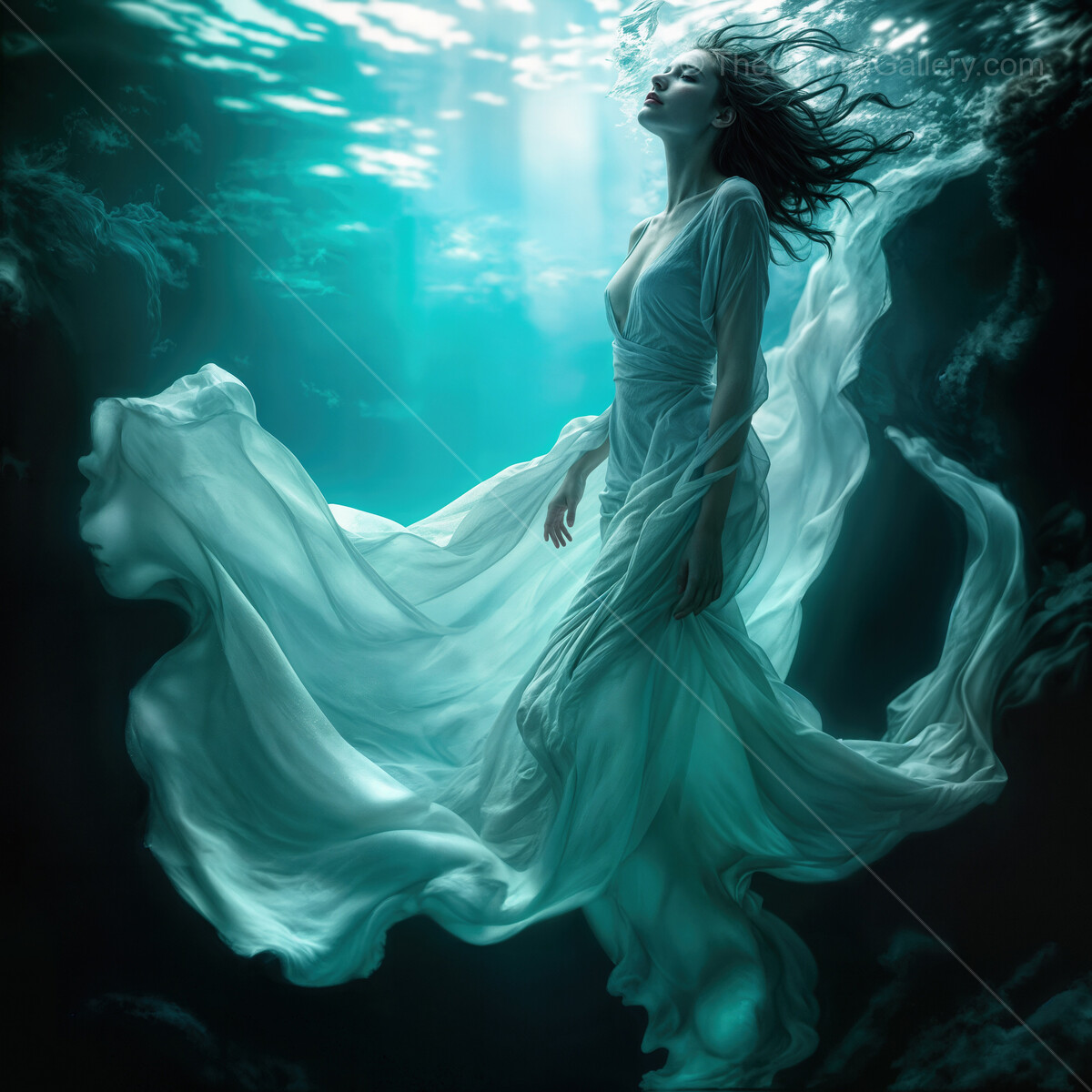 Mystical underwater scene with a graceful woman floating among ethereal currents and soft light