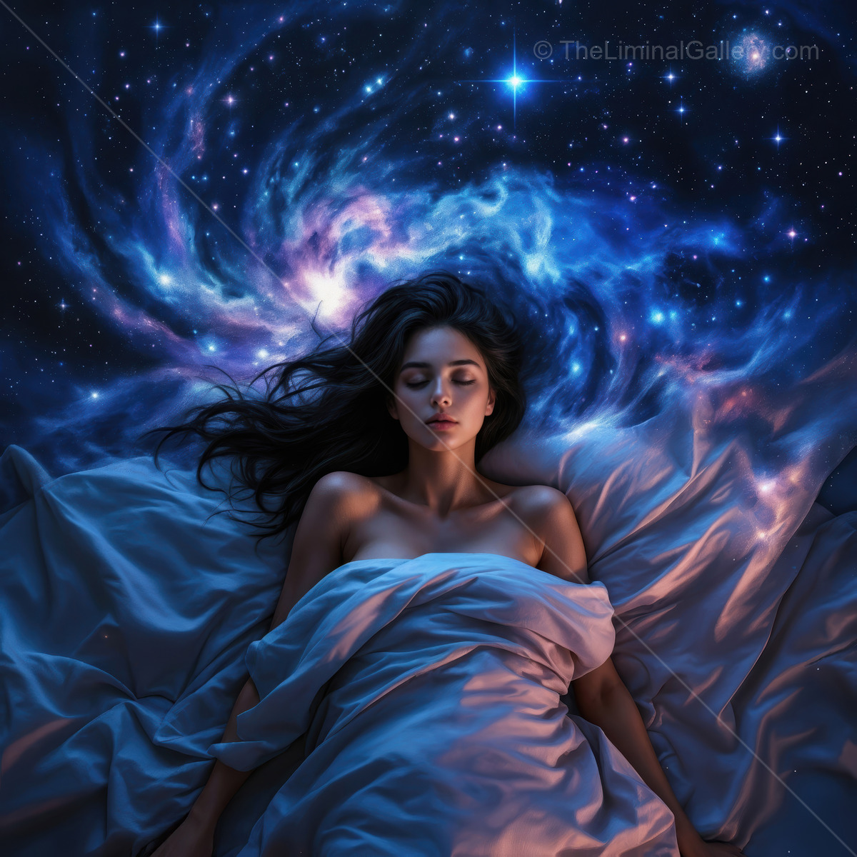 Woman rests on soft sheets against a nebula swirl, stars and galaxies casting colored glows