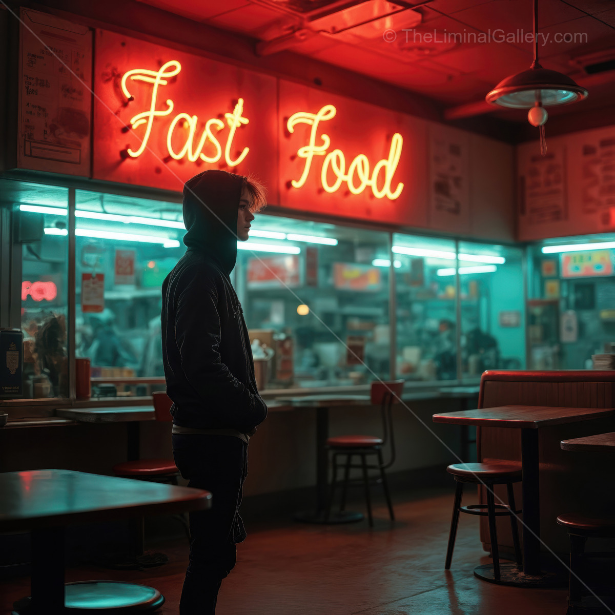 Nighttime ambiance at a vibrant fast food spot with neon lights illuminating the scene