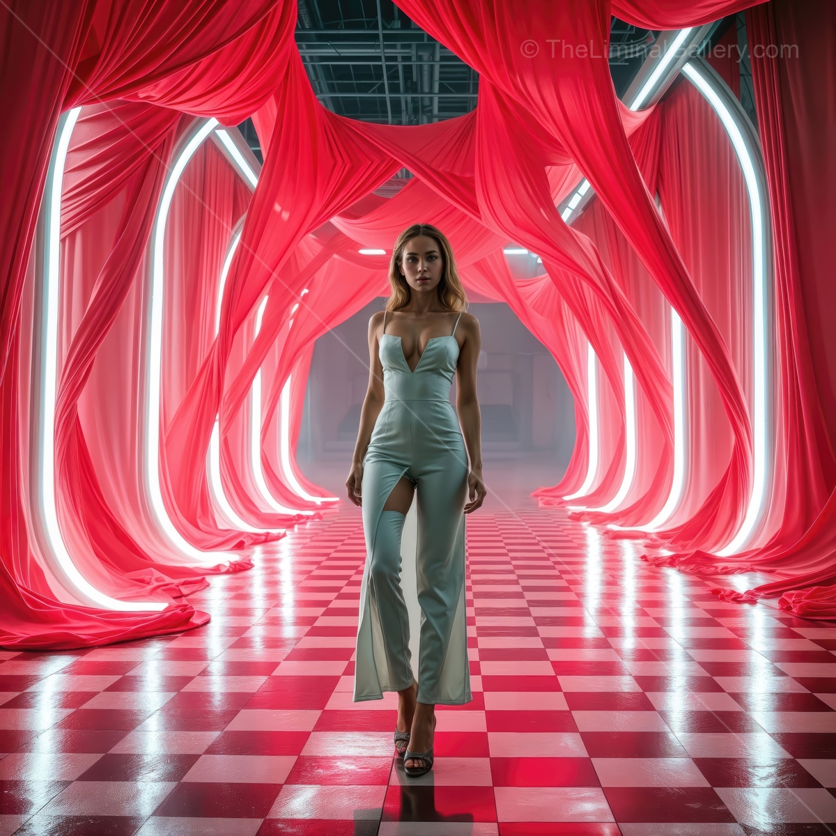 Woman walks through flowing red drapery and neon glow, checker pattern grounding the scene