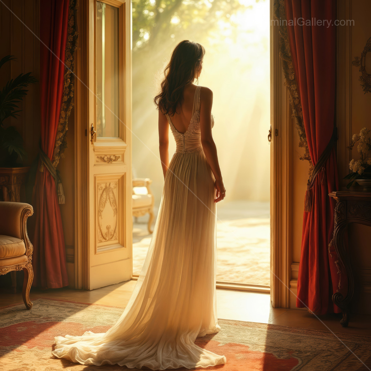 Woman by an open door turns toward golden sunbeams, fine fabric glowing inside an ornate room