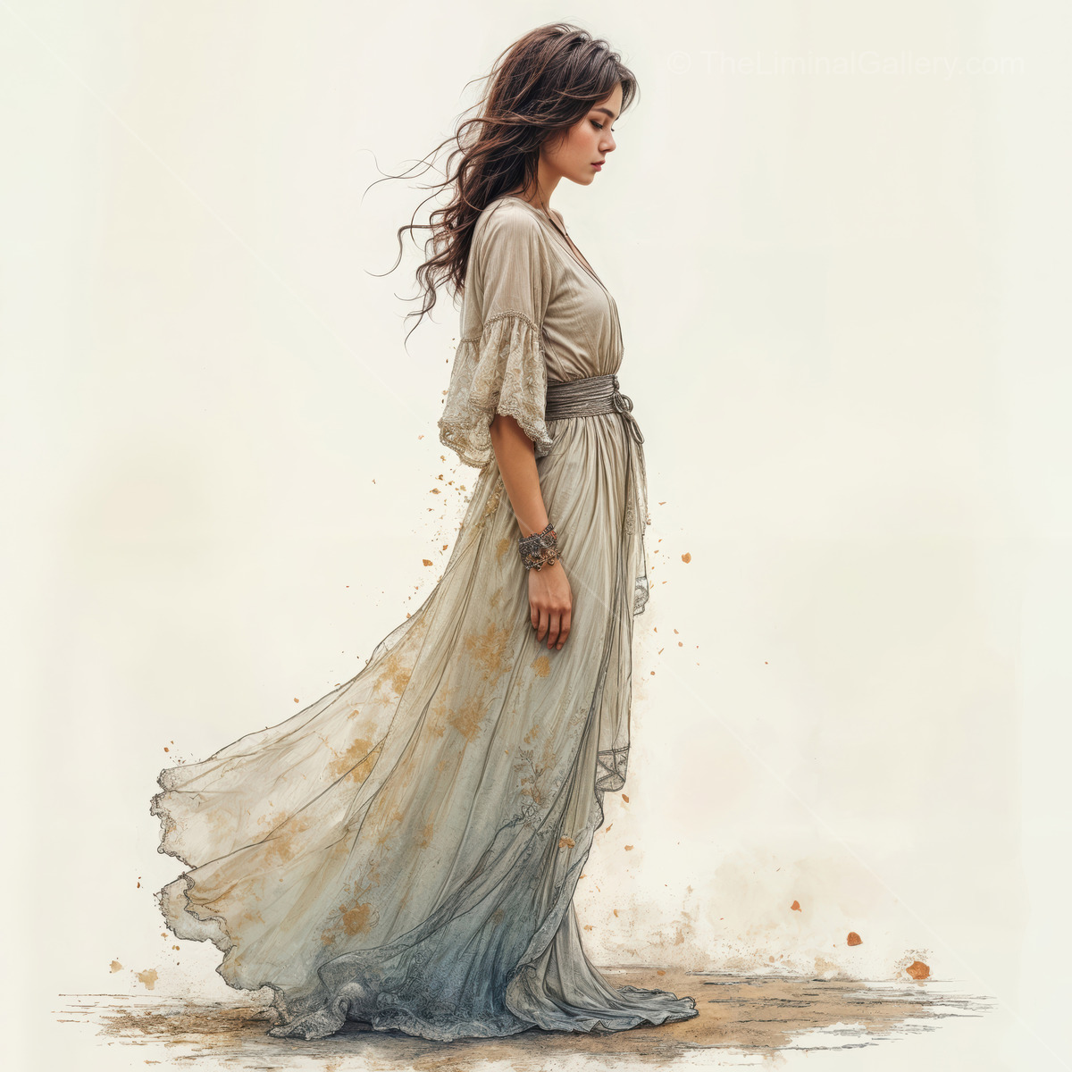 Woman walks through an open expanse in a muted dress, breeze catching the skirt as light thins the horizon