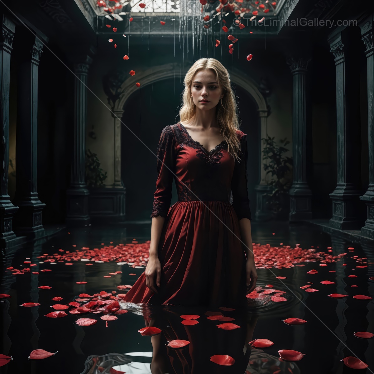 Woman stands in a dark ornate room over water scattered with rose petals, ceiling light glazing ripples