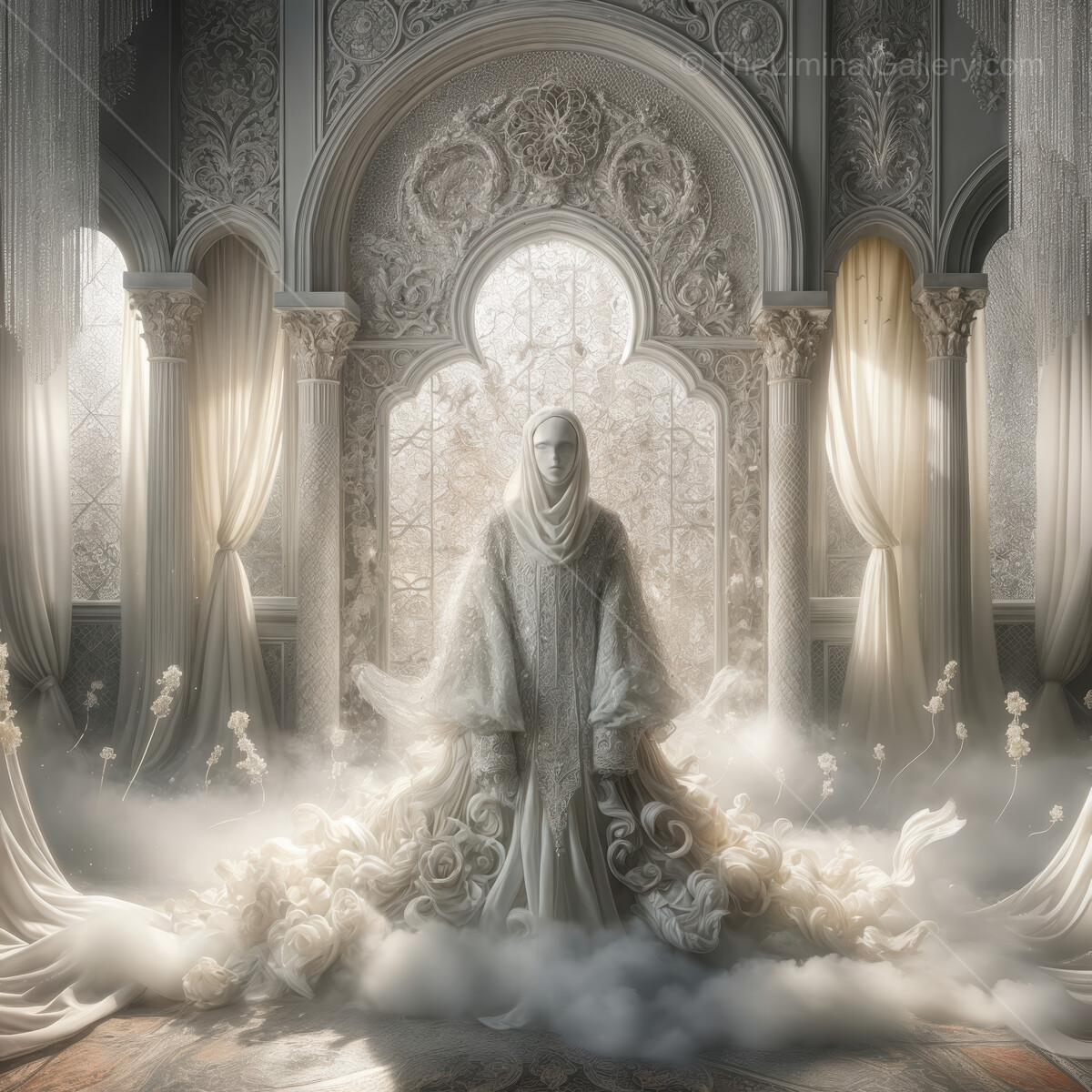 Mystical figure stands in an ethereal space adorned with intricate architecture and billowing fabrics