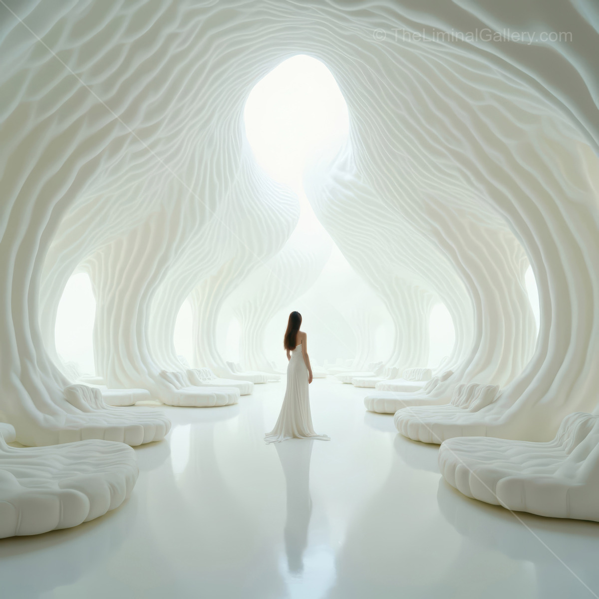 Woman in a white dress explores a pale cavern of smooth organic walls lit by ambient dawn