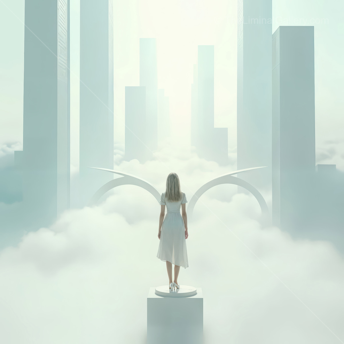 Woman on a pedestal looks over towers rising from bright clouds as early light washes the scene