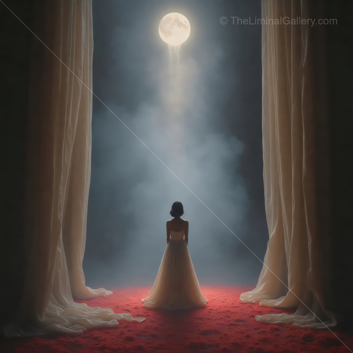 Woman sits on red carpet beneath sheer curtains as moonlight falls like a circle onto the stage
