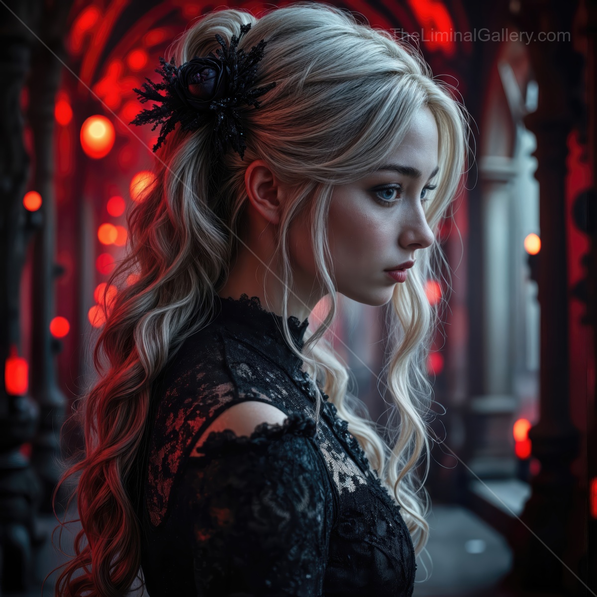 Woman with long blonde hair and lace details stands in a corridor washed in red, pendant lights carving shadows